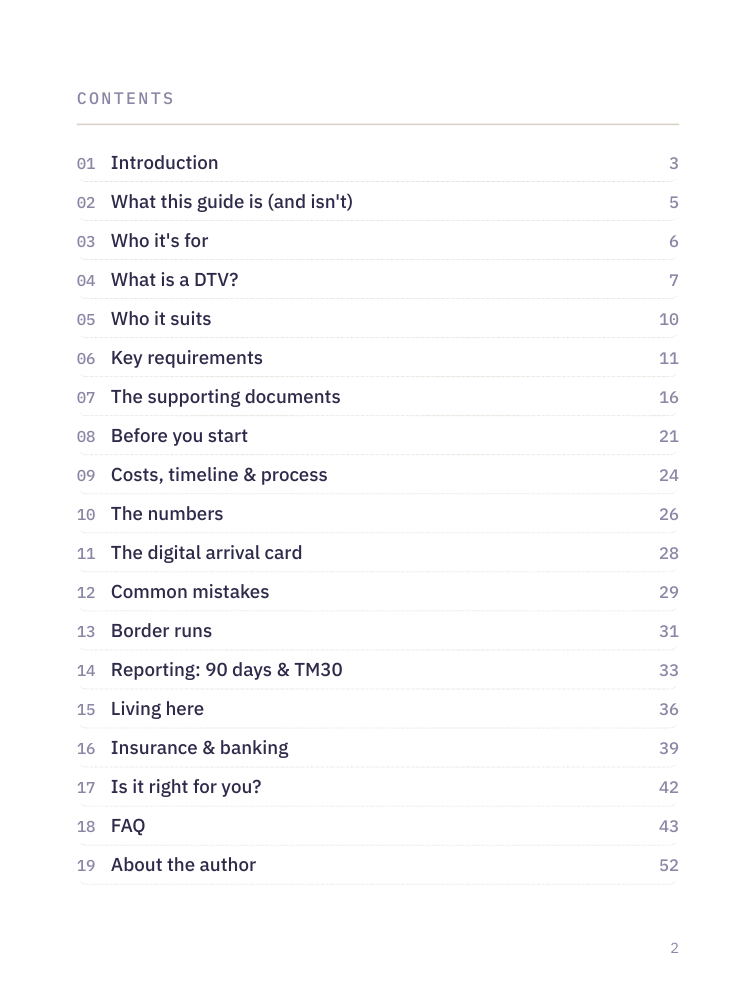 The contents page, listing nineteen sections with page numbers.